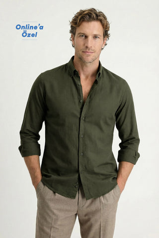  Asker Haki Uzun Kol Regular Fit Düğmeli Yaka Spor Pamuk Nefes Alabilen Keten Görünümlü Gömlek
