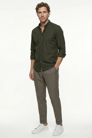  Asker Haki Uzun Kol Regular Fit Düğmeli Yaka Spor Pamuk Nefes Alabilen Keten Görünümlü Gömlek