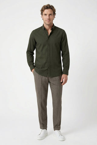  Asker Haki Uzun Kol Regular Fit Düğmeli Yaka Spor Pamuk Nefes Alabilen Keten Görünümlü Gömlek