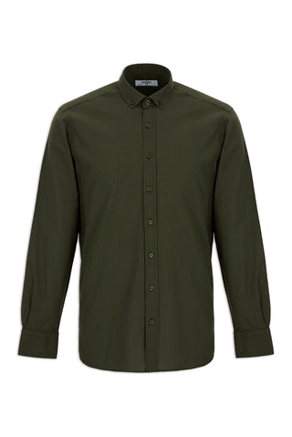  Asker Haki Uzun Kol Regular Fit Düğmeli Yaka Spor Pamuk Nefes Alabilen Keten Görünümlü Gömlek