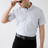 Açık Füme Kısa Kol Regular Fit Düğmeli Yaka Nakışlı Cepli Pamuk Ekose Gömlek