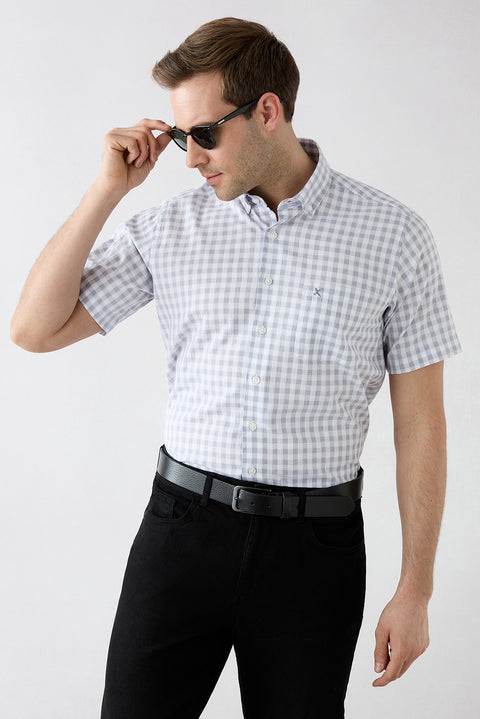 Açık Füme Kısa Kol Regular Fit Düğmeli Yaka Nakışlı Cepli Pamuk Ekose Gömlek