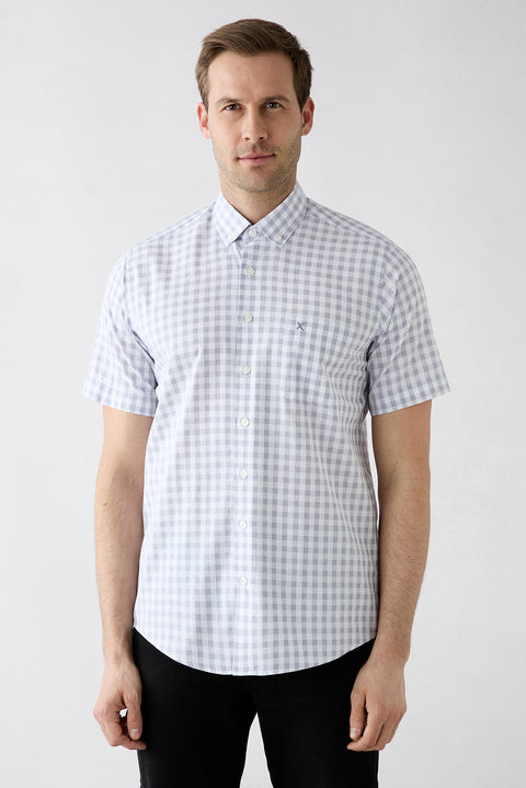 Açık Füme Kısa Kol Regular Fit Düğmeli Yaka Nakışlı Cepli Pamuk Ekose Gömlek