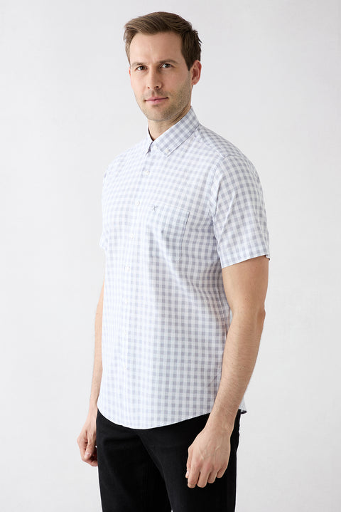 Açık Füme Kısa Kol Regular Fit Düğmeli Yaka Nakışlı Cepli Pamuk Ekose Gömlek