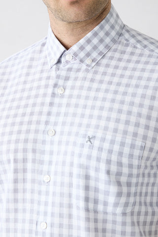  Açık Füme Kısa Kol Regular Fit Düğmeli Yaka Nakışlı Cepli Pamuk Ekose Gömlek