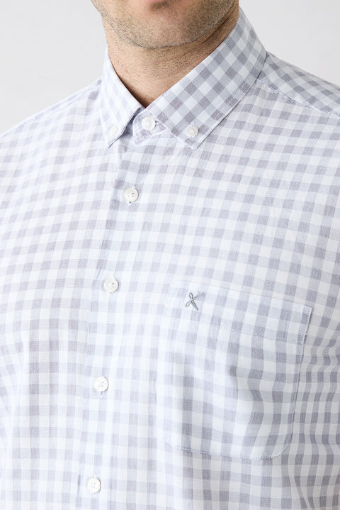 Açık Füme Kısa Kol Regular Fit Düğmeli Yaka Nakışlı Cepli Pamuk Ekose Gömlek