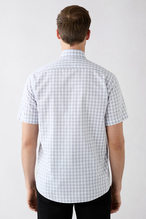 Açık Füme Kısa Kol Regular Fit Düğmeli Yaka Nakışlı Cepli Pamuk Ekose Gömlek