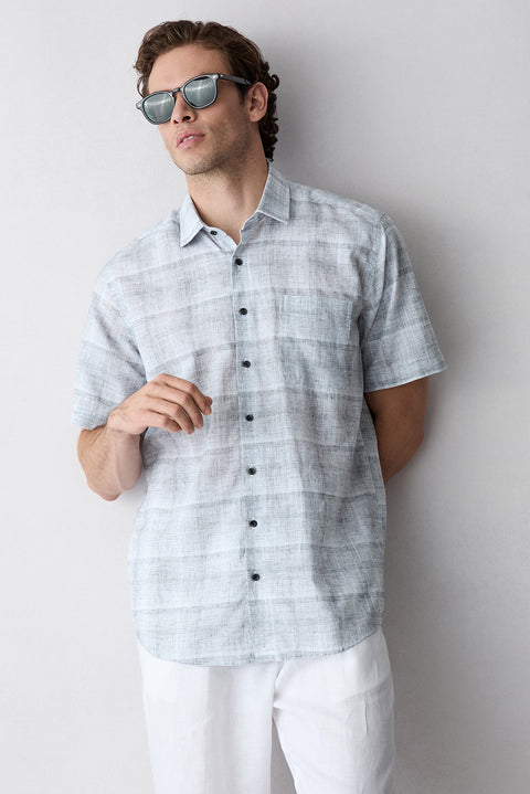 Medium Gray Short Sleeve Regular Fit Linen Plain Shirt