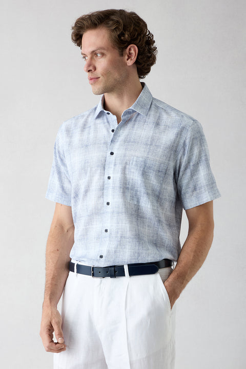 Dark Navy Short Sleeve Regular Fit Linen Plain Shirt