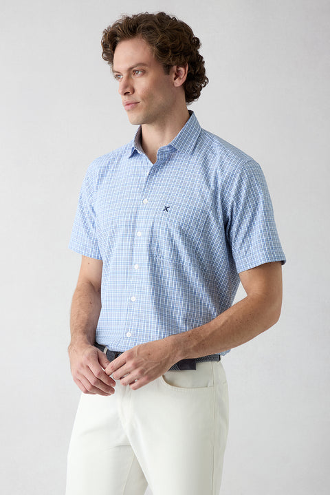 Blue Short Sleeve Regular Fit Cotton Plaid Shirt