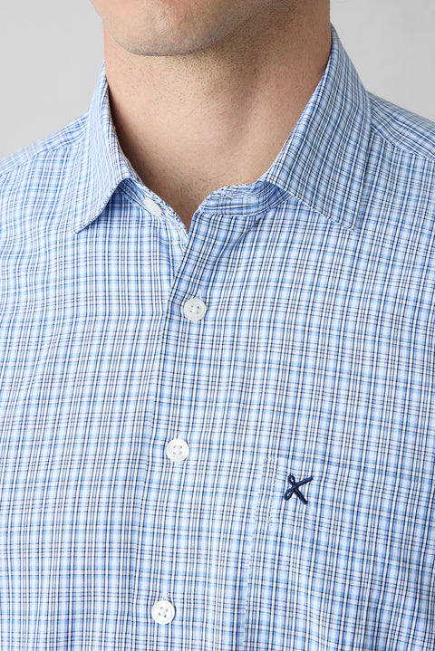 Blue Short Sleeve Regular Fit Cotton Plaid Shirt