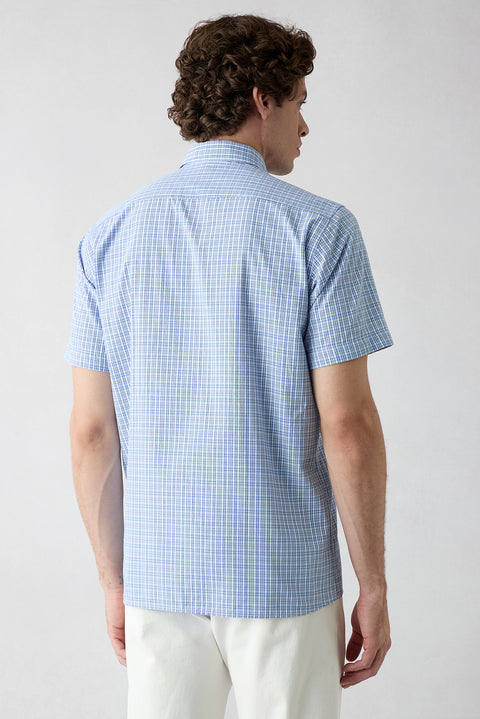 Blue Short Sleeve Regular Fit Cotton Plaid Shirt