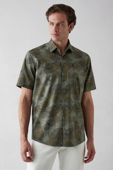 Military Khaki Short Sleeve Oversize Fit Printed Cotton Shirt