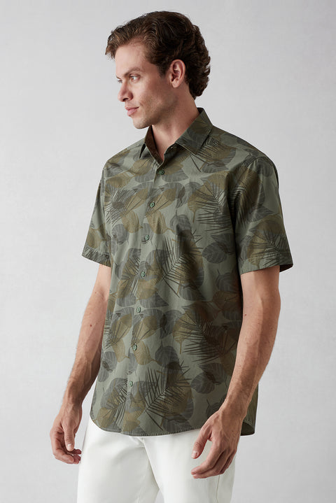 Military Khaki Short Sleeve Oversize Fit Printed Cotton Shirt