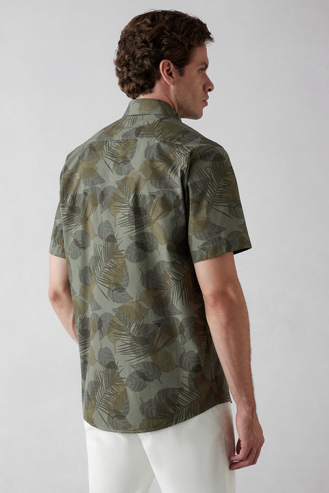 Military Khaki Short Sleeve Oversize Fit Printed Cotton Shirt