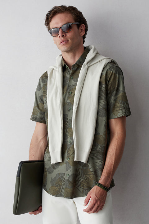 Military Khaki Short Sleeve Oversize Fit Printed Cotton Shirt