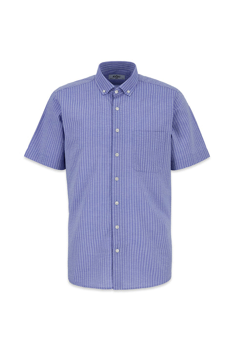 Dark Navy Short Sleeve Regular Fit Cotton Striped Shirt