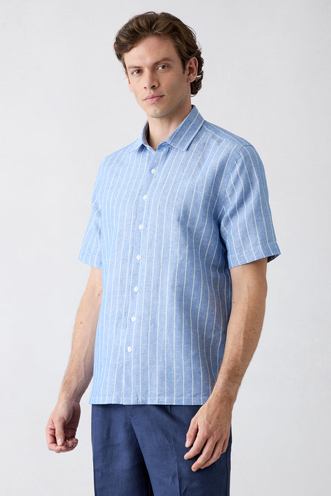 Blue Short Sleeve Regular Fit Linen Cotton Striped Shirt