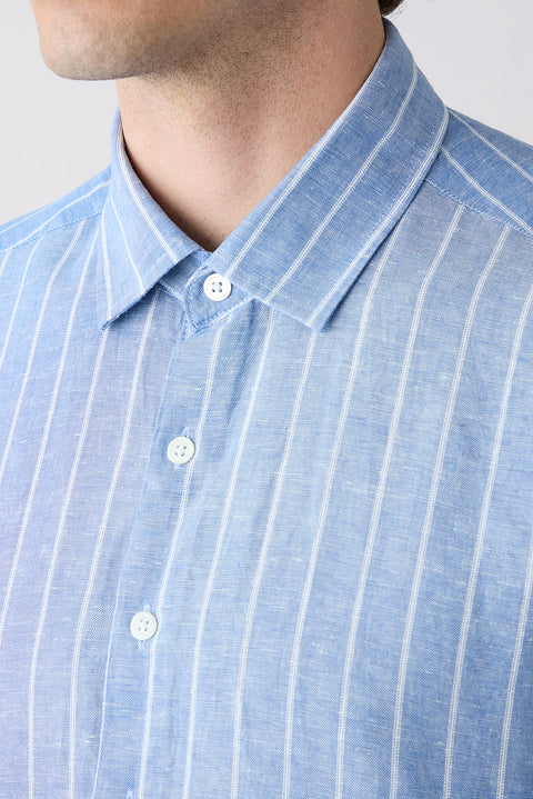 Blue Short Sleeve Regular Fit Linen Cotton Striped Shirt