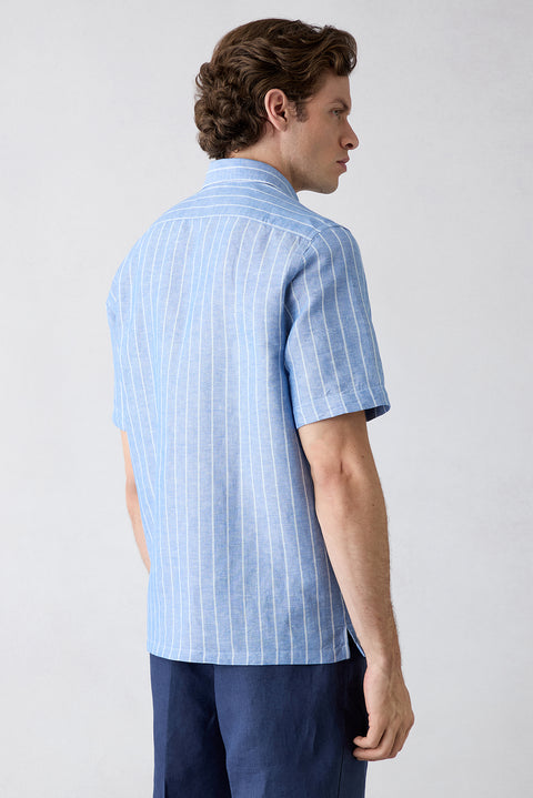 Blue Short Sleeve Regular Fit Linen Cotton Striped Shirt