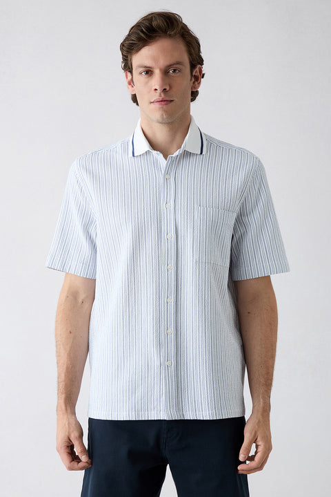 Medium Navy Short Sleeve Oversize Cotton Striped Shirt