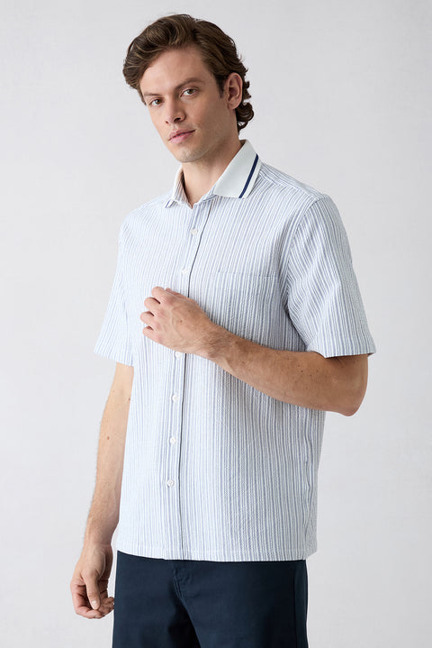 Medium Navy Short Sleeve Oversize Cotton Striped Shirt