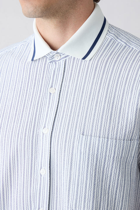 Medium Navy Short Sleeve Oversize Cotton Striped Shirt
