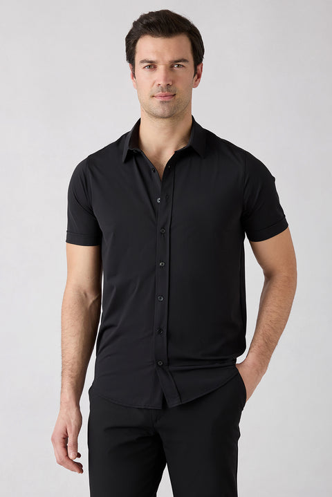 Siyah Techno-Line Kısa Kol Regular Fit Likralı Esnek Gömlek