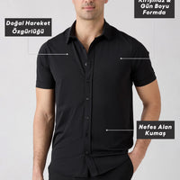 Siyah Techno-Line Kısa Kol Regular Fit Likralı Esnek Gömlek