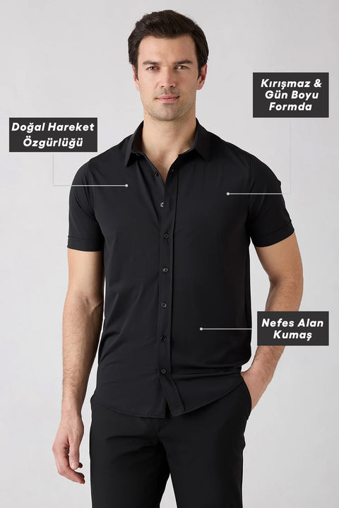 Siyah Techno-Line Kısa Kol Regular Fit Likralı Esnek Gömlek