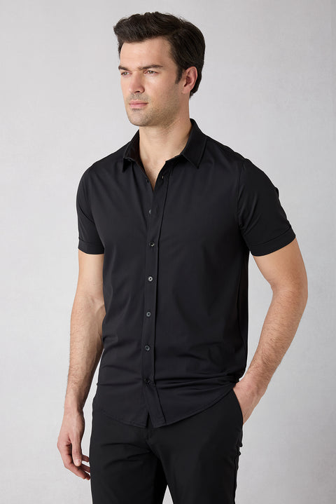 Siyah Techno-Line Kısa Kol Regular Fit Likralı Esnek Gömlek