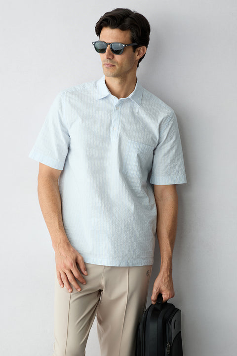 Light Blue Short Sleeve Regular Fit Striped Shirt