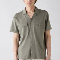 Açık Haki Kısa Kol Regular Fit Desenli Nakışlı Cepli Apaş Yaka Lyocell Karışımlı Gömlek