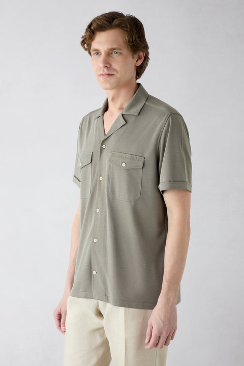 Açık Haki Kısa Kol Regular Fit Desenli Nakışlı Cepli Apaş Yaka Lyocell Karışımlı Gömlek