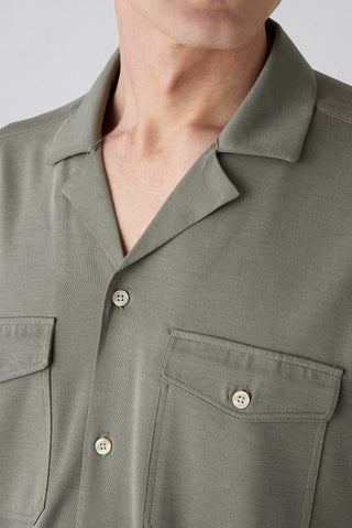  Açık Haki Kısa Kol Regular Fit Desenli Nakışlı Cepli Apaş Yaka Lyocell Karışımlı Gömlek