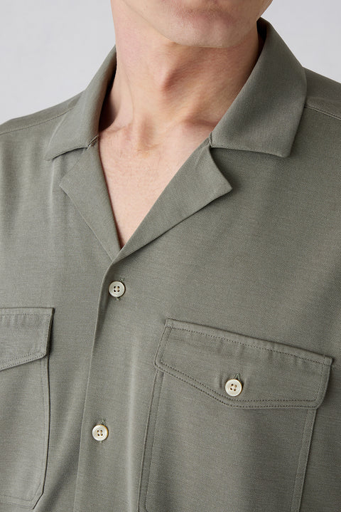 Açık Haki Kısa Kol Regular Fit Desenli Nakışlı Cepli Apaş Yaka Lyocell Karışımlı Gömlek