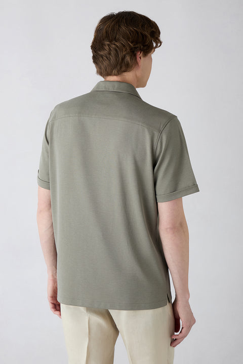 Açık Haki Kısa Kol Regular Fit Desenli Nakışlı Cepli Apaş Yaka Lyocell Karışımlı Gömlek