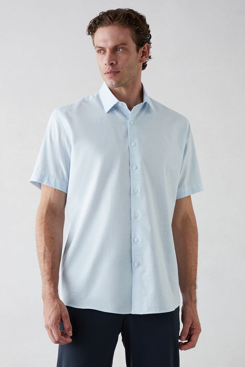 Light Blue Short Sleeve Regular Fit Cotton Striped Shirt