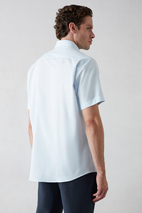 Light Blue Short Sleeve Regular Fit Cotton Striped Shirt