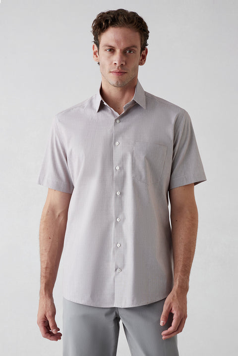Light Brown Short Sleeve Regular Fit Cotton Striped Shirt