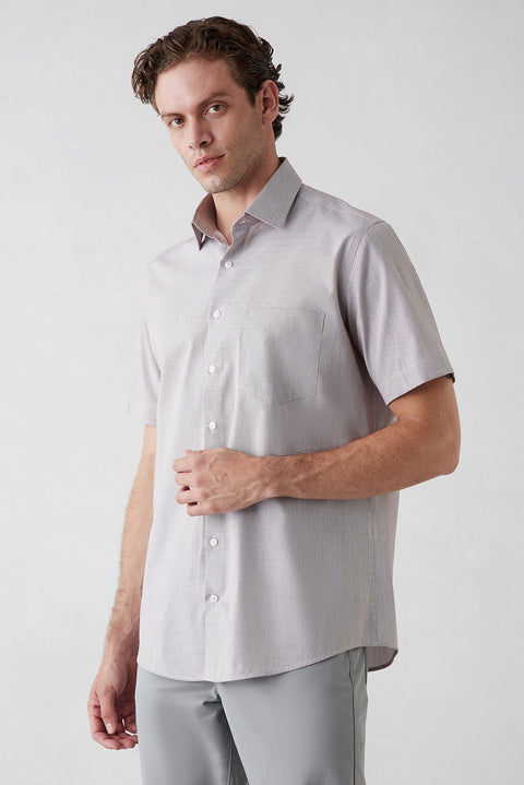 Light Brown Short Sleeve Regular Fit Cotton Striped Shirt