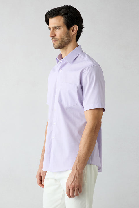Lilac Short Sleeve Regular Fit Cotton Striped Shirt