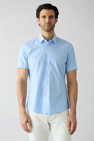  Açık Mavi Kısa Kol Slim Fit Desenli Cepli %100 Pamuk Gömlek