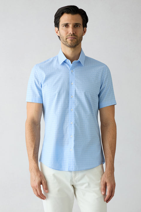 Açık Mavi Kısa Kol Slim Fit Desenli Cepli %100 Pamuk Gömlek