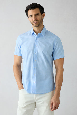  Açık Mavi Kısa Kol Slim Fit Desenli Cepli %100 Pamuk Gömlek