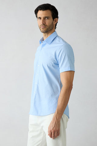  Açık Mavi Kısa Kol Slim Fit Desenli Cepli %100 Pamuk Gömlek
