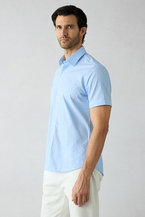 Açık Mavi Kısa Kol Slim Fit Desenli Cepli %100 Pamuk Gömlek