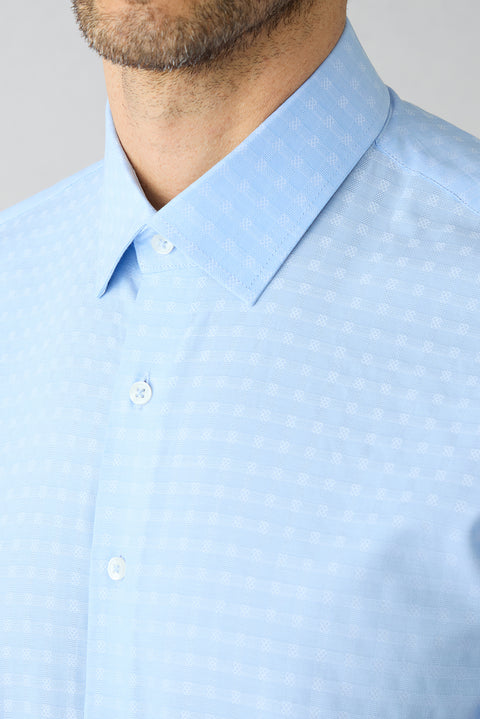 Açık Mavi Kısa Kol Slim Fit Desenli Cepli %100 Pamuk Gömlek