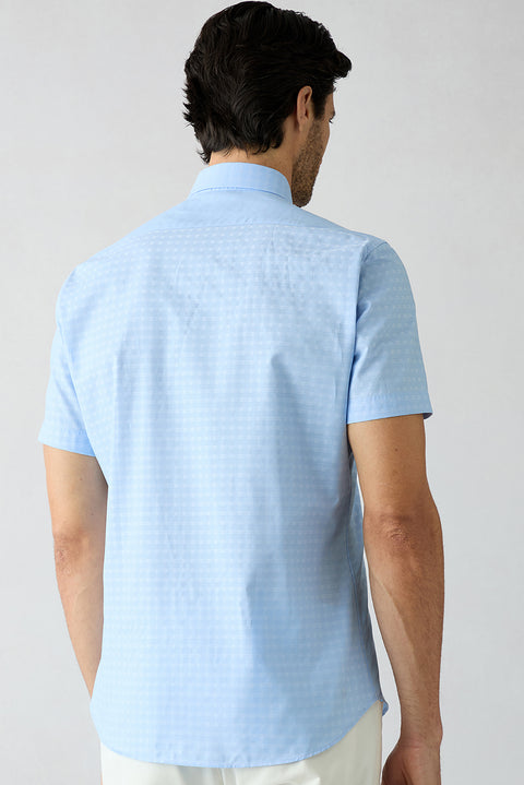 Açık Mavi Kısa Kol Slim Fit Desenli Cepli %100 Pamuk Gömlek