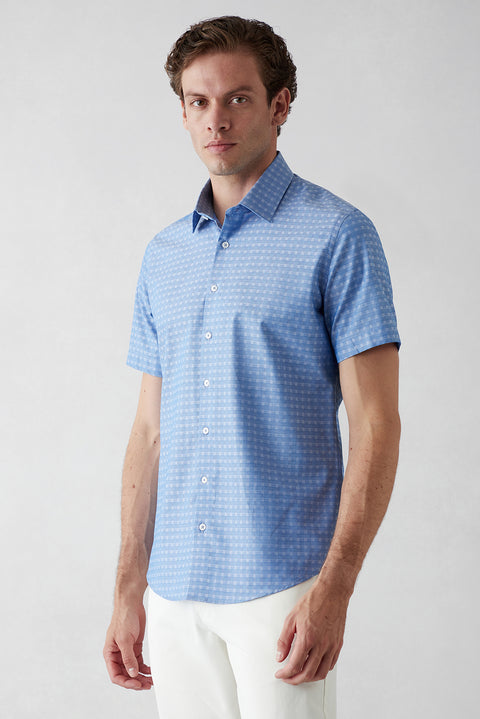 Koyu Mavi  Kısa Kol Slim Fit Desenli Cepli %100 Pamuk Gömlek